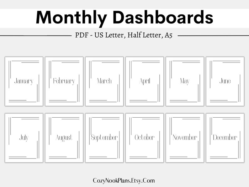 Printable Monthly Dashboards, Printable Monthly Covers, Monthly Dashboard Inserts, Cover Page ...