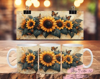 Sunflower Butterfly Mug Wrap PNG – Rustic Floral Sublimation Design, Country Farmhouse Coffee Cup Wrap, Yellow Flower Garden Mug PNG,Digital