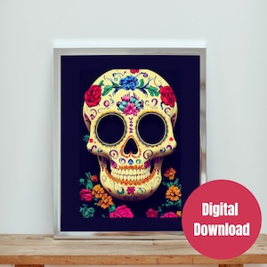 Printable Wall Art, Sugar Skull, Day of the Dead Digital Artwork, Día de Muertos, Instant Download, Halloween Decoration, Gothic Home decor