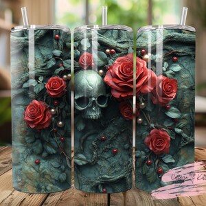 Gothic Skull & Roses Seamless 20 oz Skinny Tumbler Sublimation Design, Straight Skinny Tumbler Wrap, Sublimation PNG, Digital Download