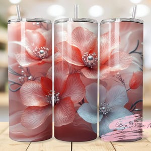 3D Pink Flowers and Pearls Seamless 20 oz Skinny Tumbler Sublimation Design, Pink Glitter Tumbler Wrap, DIGITAL PNG, 20oz Tumbler Wrap
