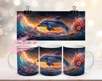 Tropical Dolphin Mug Wrap PNG – Ocean Wave Sublimation Design with Flowers, Colorful Beach Dolphin Coffee Cup Wrap, Sea Life Art PNG Digital