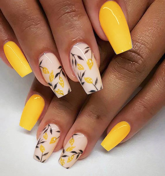 Amazon.com: Extra Long Press on Nails Coffin Acrylic Nails Yellow Full  Cover False Nails with Glitter Design Rhinestones and Flower Stick on Nails  Spring Glue on Nails for Women and Girls 24Pcs :