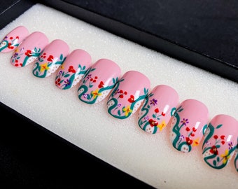 Flower Garden Press On Nails | Summer Glue On Nails | Handpainted Stiletto Nail Set | Glitter Short Nails  | Beach Nails TN4