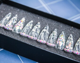 Crystal Stiletto Press On Nails | Luxury Glitter, Floral T079