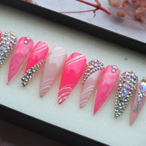 Power Press On Nails | Pink Nails With Pearls | Salon Bridal Fake Nails | Glossy False Nails | Blue Nails T127