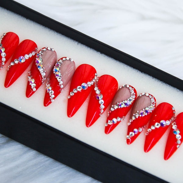 Heart Of Glitter Press On Nails | Red Festive Nails | Valentine False Nails | Luxury Stiletto Nail Set  | Luxury Nails T106