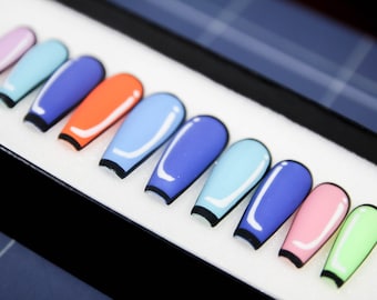 Colorful Press On Nails | Gel Stiletto Nails, Festive Nail Art
