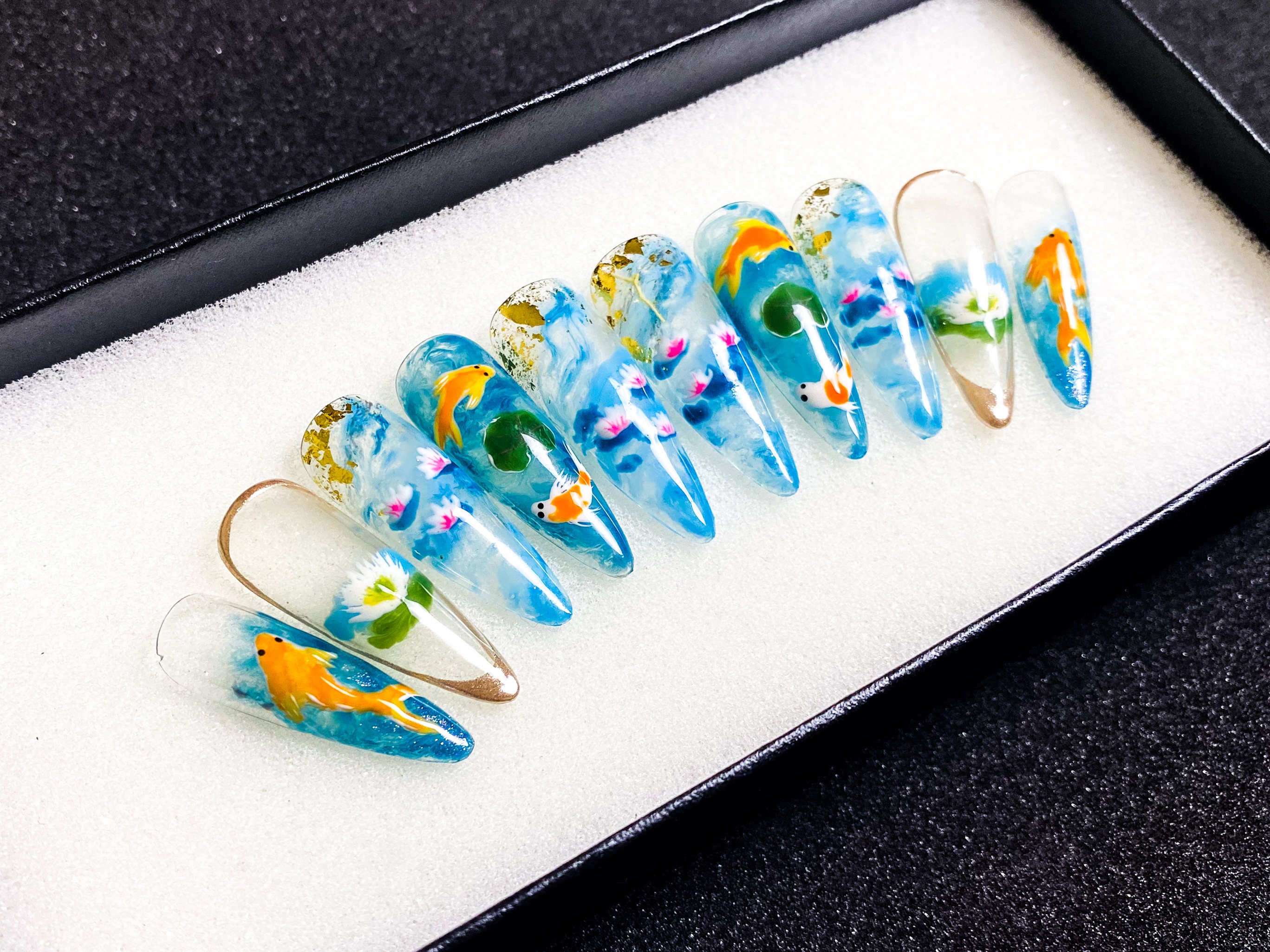 Koi Fish Press On Nails | Pisces Glue On Nails | Summer Nails Luxury | Handpaint Stiletto Nail Set | Glitter Short Nails  | Ocean Nails TN1