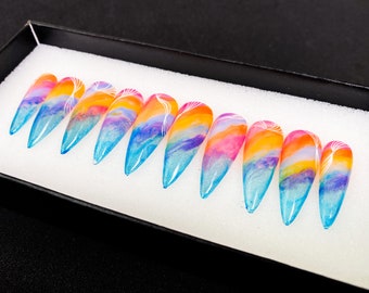 Aurora Press On Nails | Lucky Charm Glue On Nails | Summer Nails Luxury | Magnet Stiletto | Glitter Short Nails  | Pride Nails TN13