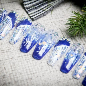 Snowflake Christmas Press On Nails | Beige Luxury Glue On Nails | Salon Christmas Fake Nails | Glossy Gel X False Nails | Blue Nails T055