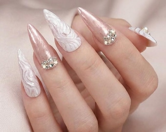 Pearl Press On Nails | Black, White & Pink Coffin Nails
