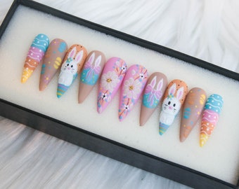 Peek A Bunny Ver 2 Press On Nails | Easter Nails | Floral Glue On Nails | Abstract False Nails | Minimal Glue On Nails T102