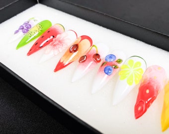 Summer Fruit Press On Nails | Lucky Charm Glue On Nails | Summer Nails Luxury | Magnet Stiletto | Glitter Short Nails  | Pride Nails TN11