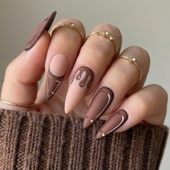 Handmade Cartoon Drip Press On Nails | Beige Stiletto False Nails