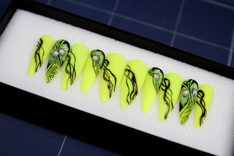 Neon Jade Press on Nails Glitter Short Nails Latte Elegant Etsy