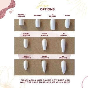 May include: A chart showing different nail shapes, including short square, square, XL square, oval, short coffin, long coffin, XL coffin, short stiletto, long stiletto, and XL stiletto. The chart is labelled "Shape Options".