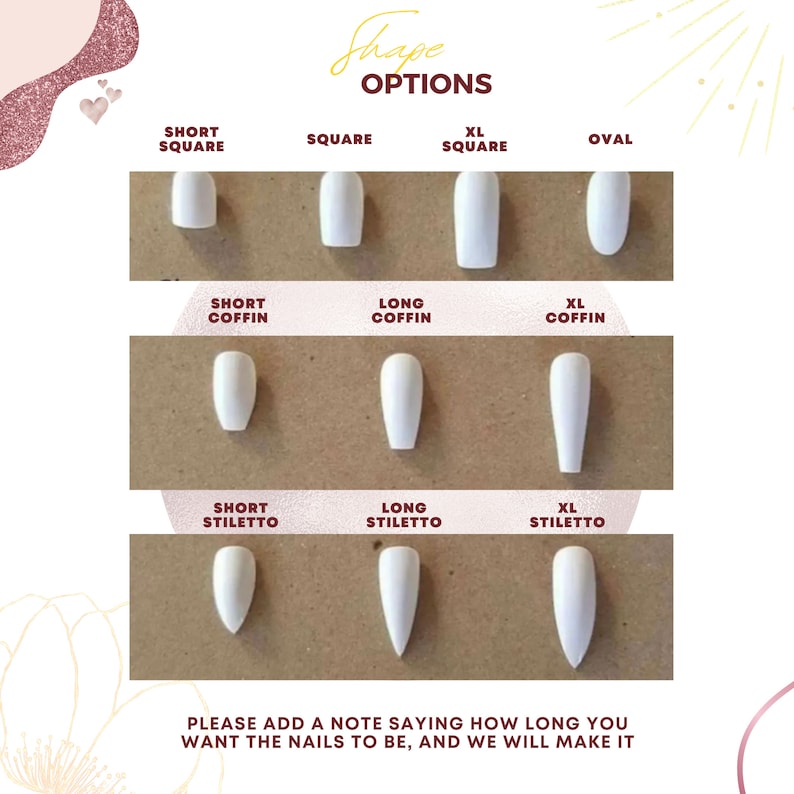 May include: A chart showing different nail shapes, including short square, square, XL square, oval, short coffin, long coffin, XL coffin, short stiletto, long stiletto, and XL stiletto. The chart is labelled "Shape Options".