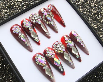 Luxury Stiletto Press On Nails | Rhinestone Red False Nails