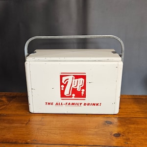 1950's 7up Cooler...With Bullet Hole...Vintage Embossed Cooler...The "All Family Drink" Version...Original Cooler Made in USA by Cronstroms