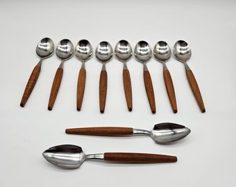 Helle Bard Teak Teaspoons...Norwegian Made...Vintage Set of 8...2 Bonus Teak Serrated Tip Spoons...Scandinavian Design