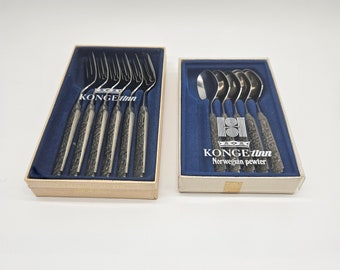 1970er Jahre Konge Tinn Pewter Besteck ... Dessert Gabeln und Löffel Set ... Made in Norwegen ... Skandinavisches Wikinger-Design