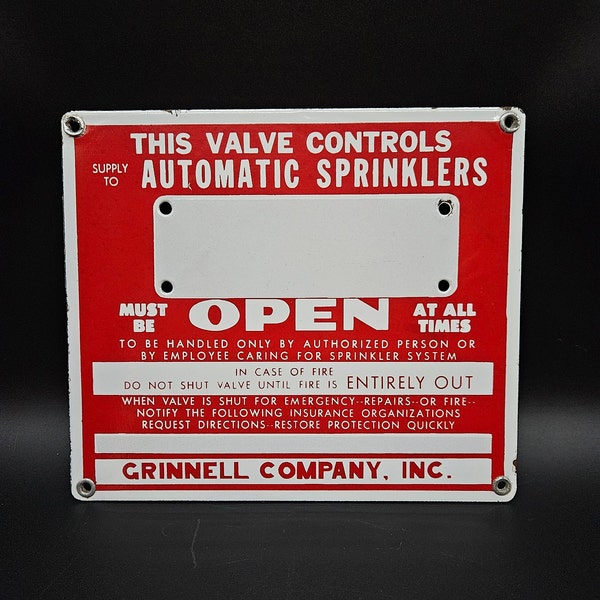 1940's Porcelain "Sprinkler Control Valve" Sign....Fire Department Control Valve