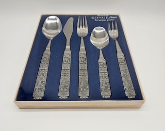 Konge Tinn Norwegian Pewter Cutlery...5 Piece Place Setting...Starter Set #389...Viking Design