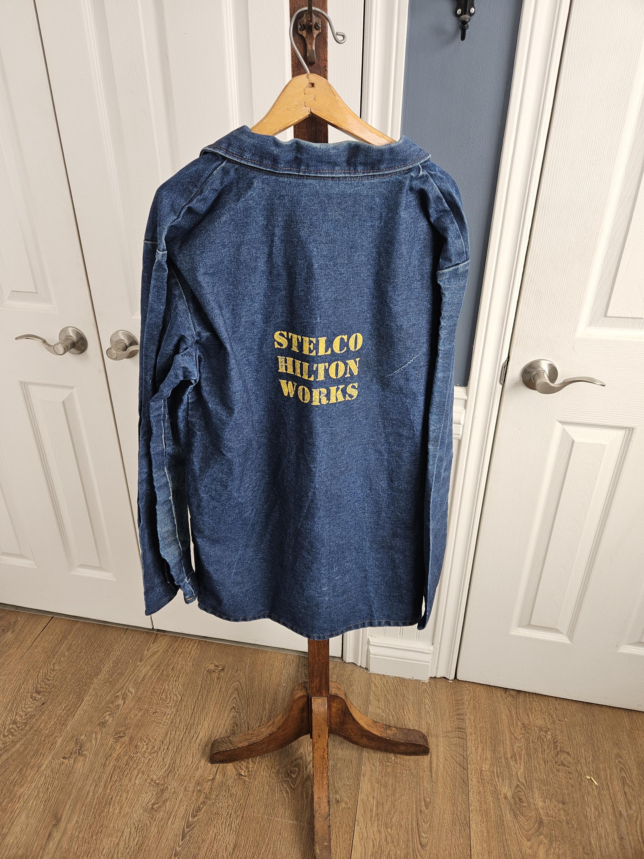 Steel Mill Chore Coat...Vintage Denim Steelworkers Chore Coat...Salvaged at Stelco Steel Mill in Hamilton, Canada...Size 42...Made in Canada