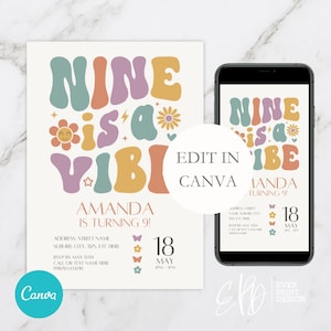 Nine is a Vibe Groovy Retro verjaardagsuitnodiging, uitnodiging meisjes 9e verjaardagsfeestje, canvassjabloon, digitale download