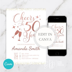 50th Birthday Invitation, Cheers to 50 Years Party Invite, Pink, Rose Gold 50th Birthday Invitation, Canva Template