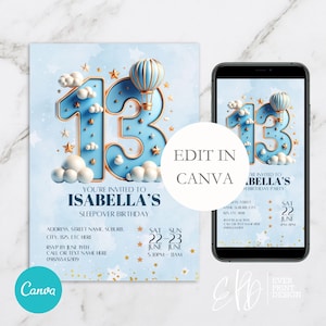 Soft Blue 13.Geburtstags-Party Einladungs-Einladung Digital Girl Canva Template, 13.Geburtstag-Pyjama-Party Sleepover Einladung Blau