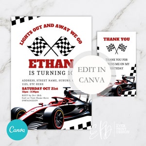 Faire-part d'anniversaire de voiture de course rouge, invitation de fête de course de voiture, faire-part d'anniversaire de course de voiture de formule 1, invitation de fête de garçons, modèle de toile