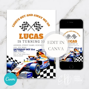 Jongens blauwe en oranje autoracen verjaardagsuitnodiging, race auto verjaardagsuitnodiging, sportwagen partij uitnodigen, digitale download, Canva sjabloon