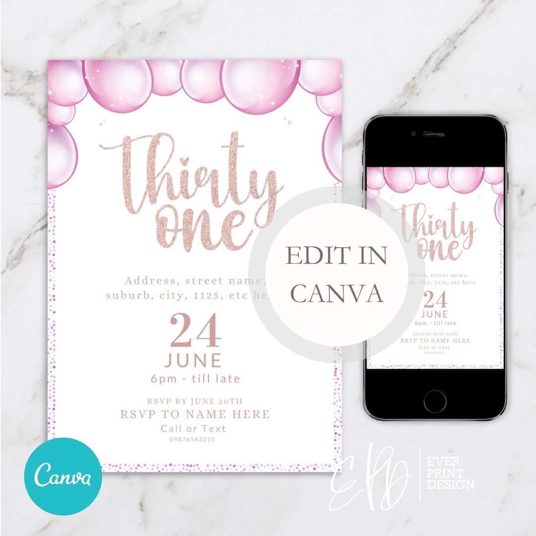 31st Birthday Invitation, Pink Balloon Thirty First Birthday Invitation