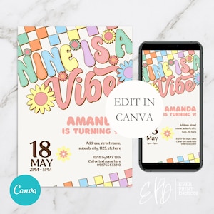 Nine is a Vibe Groovy Retro Girls-sjabloon voor verjaardagsfeestje, canva-sjabloon digitale download