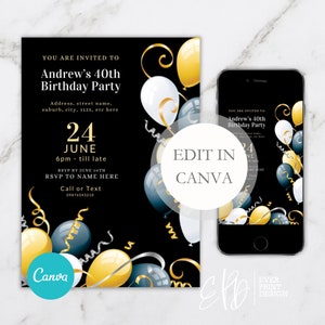 Plantilla de invitación de cumpleaños número 40 para hombres, invitación de cumpleaños número 40, invitación a fiesta, plantilla Canva, descarga digital