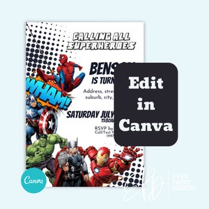 すべてのスーパーヒーローの誕生日招待状、アベンジャーズの招待状、スーパーヒーローの誕生日招待状、Canva テンプレート、デジタル ダウンロード