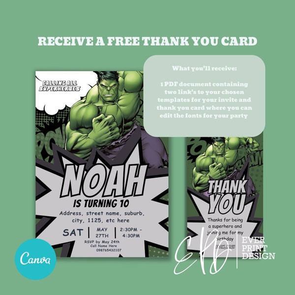 Invitation d’anniversaire de Hulk, modèle d’invitation d’anniversaire de l’incroyable Hulk, invitation à une fête d’appel à tous les super-héros, modifiable dans Canva, numérique