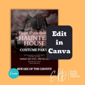 Haunted House Party Invitation, Scary Spooky Halloween Party Invite, Textable Halloween Invitation, Costume Halloween Party, Canva Template