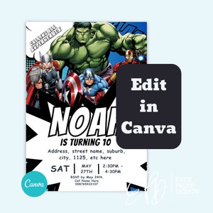 Convite editável de aniversário dos Vingadores, convite de aniversário de super-herói, convite para festa, chamando todos os super-heróis, convite em estilo cômico, Canva Temp