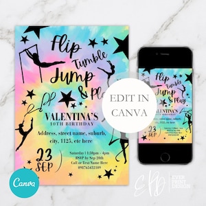 De aanpasbare tie-dye gymnastiek-uitnodiging van de verjaardagspartij Flip tuimelt sprong en spel nodigt gratis uit om te bedanken