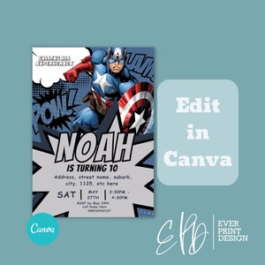 Captain America Birthday Invitation, Avengers Birthday Invitation Template, Calling All Superheroes Party Invite, Canva Template, Digital