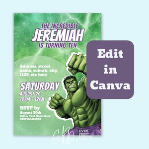 The Incredible Hulk Birthday Invitation Template, Avengers Hulk Birthday Invite, Superhero Party Invite, Editable in Canva, Digital Download