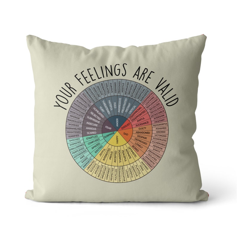 Your feelings are valid pillow, Wheel Of Emotions Throw Pillow Case, Psychologist Polyester Square Pillow Cases Gifts, Emotions Color Wheel image 5