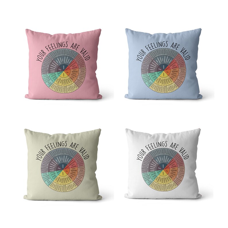 Your feelings are valid pillow, Wheel Of Emotions Throw Pillow Case, Psychologist Polyester Square Pillow Cases Gifts, Emotions Color Wheel image 2