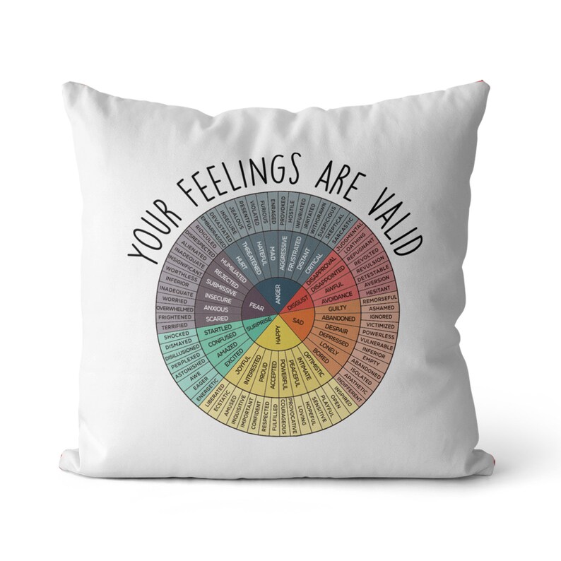 Your feelings are valid pillow, Wheel Of Emotions Throw Pillow Case, Psychologist Polyester Square Pillow Cases Gifts, Emotions Color Wheel image 9