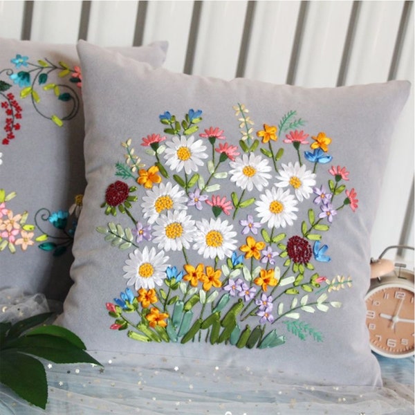 DIY Embroidery Kit Pillow Cushion Case, Flowers Embroidery Kit, Flower Cross Stitch Set