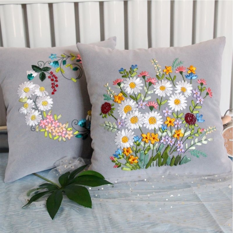 DIY Embroidery Kit Pillow Cushion Case Flowers Embroidery Etsy