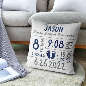 Boys Girls Birth Announcement Pillow - Footprints - Navy Grey - Nursery Pillow - New Baby Gift - Personalized - Cotton